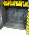 Interior view of Heavy Duty Steel Garage Cabinet With Three Adjustable Shelves And 72 Bright Yellow Parts Bins showing storage space.