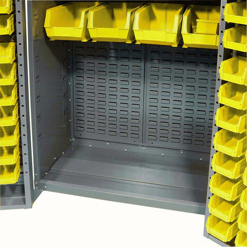 Interior view of Heavy Duty Steel Garage Cabinet With Three Adjustable Shelves And 72 Bright Yellow Parts Bins showing storage space.