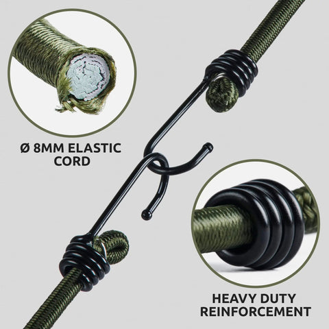 Beefy 12 Inch Bungee Cords With Hooks, 8mm Woven Polypropylene Cord, Heavy Duty Plastic Coated Steel Hooks, Weatherproof UV Resistant