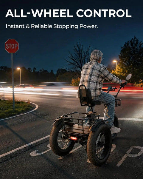 Beast Mode 750W Peak Fat Tire Electric Tricycle For Adults With Folding 20X4 Fat Tires, 48V 13Ah Battery, 50 Mile Range In PAS, UL Certified, Front And Rear Baskets, Differential, Ultra White rider on fat-tire electric tricycle at night
