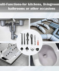 No Sweat Clearing Blocked Lines With This 10 Piece Drain Snake Drill Attachment Set Rock Solid High Carbon Steel Cutter and Auger heads displayed with plumbing fixtures and tools.