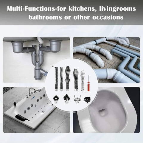 No Sweat Clearing Blocked Lines With This 10 Piece Drain Snake Drill Attachment Set Rock Solid High Carbon Steel Cutter and Auger heads displayed with plumbing fixtures and tools.