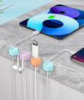 Magnetic Cable Clips And Adjustable Cord Holders For Home Office Desk Car Wall And Nightstand Adhesive Wire Keeper Organizer Keeps Type C USB HDMI Cables Neatly Routed 8 Pack Crystal Multicolor installed on desk with cables organized