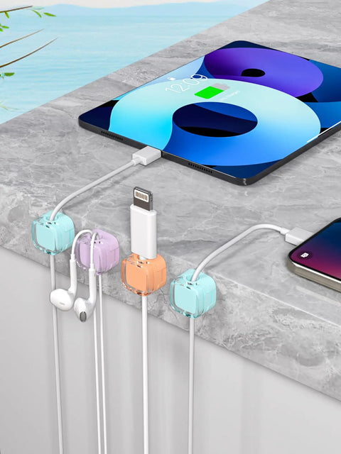 Magnetic Cable Clips And Adjustable Cord Holders For Home Office Desk Car Wall And Nightstand Adhesive Wire Keeper Organizer Keeps Type C USB HDMI Cables Neatly Routed 8 Pack Crystal Multicolor installed on desk with cables organized