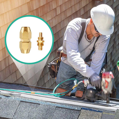 Beefed Up Solid Brass Air Hose Splicer Repair Kit For One Quarter Inch ID Hoses, Reusable Fittings next to worker on roof