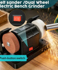 Rock Solid Dual Wheel Electric Bench Sander And Belt Polisher With Quick Dial Speed Control For Metal And Wood Shop Sharpening Rust Removal And Precision Grinding Workhorse with push-button switch and grinding wheel.