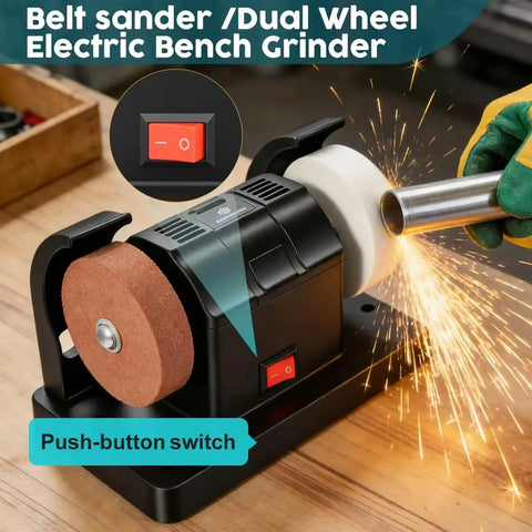 Rock Solid Dual Wheel Electric Bench Sander And Belt Polisher With Quick Dial Speed Control For Metal And Wood Shop Sharpening Rust Removal And Precision Grinding Workhorse with push-button switch and grinding wheel.