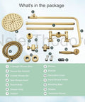 Antique Brass 8 Inch Rain Shower System With Handheld Spray And Dual Knob Mixing Valve Dope Brass Fixtures All In One Shower Faucet Set For Luxury Bathrooms Easy Install components display.