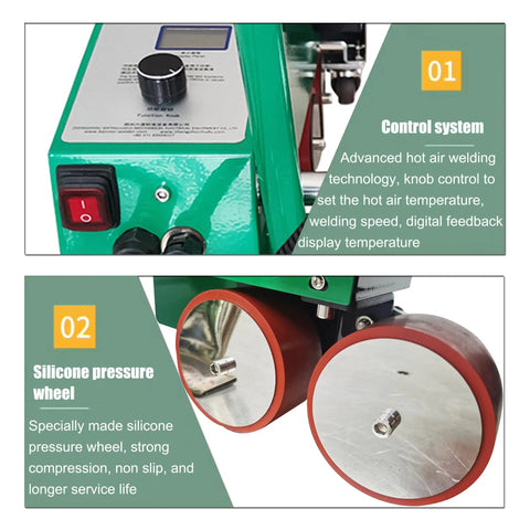 Control panel and silicone pressure wheel of Professional 5500W Hot Air Welding Machine With PID Temp Control for PVC Banners.