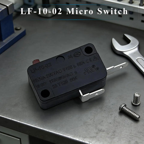 Micro Limit Switch Set Of 3 For Industrial Automation And Machinery Control LF-10-02 on a workbench with tools