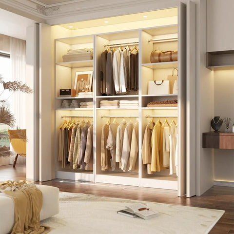 Freestanding Closet System With Adjustable Hanging Rods And Super Sturdy Steel Frame Built For No Sweat Setup And Roomy Multi Purpose Wardrobe Shoe Storage Tower in a bright room.