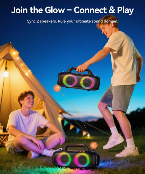 Two people outdoors with Roar 1 Portable Bluetooth Speaker With 60W Power And JIKE Bass Algorithm, RGB lights, near a tent.