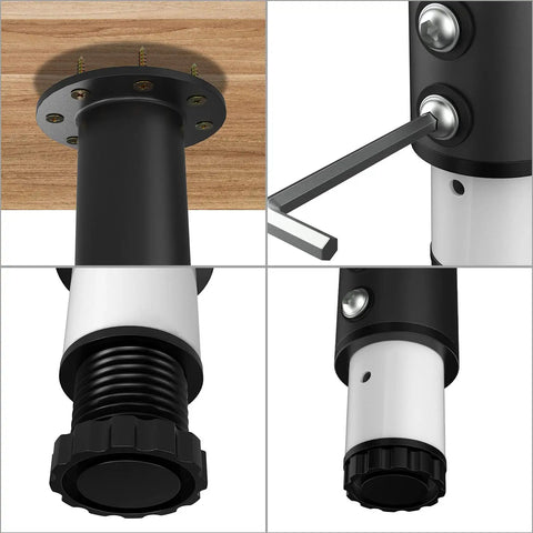 Set Of 4 Built Tough Adjustable Table Legs, 21.5 To 37 Inches, 2 Inch Diameter Metal Desk Legs showing rotation and screw mount features.