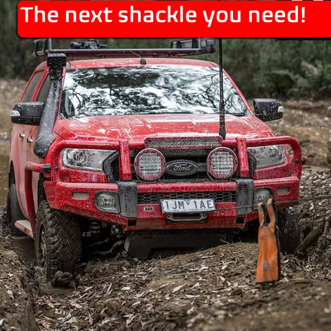 Red SUV in forest with Soft Shackle One Half Inch By Twenty Two Inch Recovery Rope attached for 57,000 lb strength
