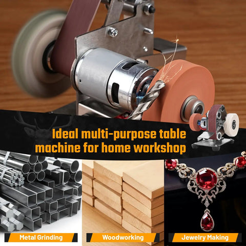 Rock Solid Mini Belt Sander And Knife Sharpener Bench Grinder Kit With Seven Speed Settings for metal grinding and woodworking.