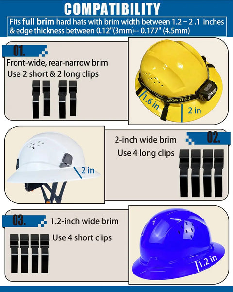 Diagram showing 8 Pack Hard Hat Headlamp Clips For Full Brim Helmets Tool Free Clip On Light Mounts with compatibility details