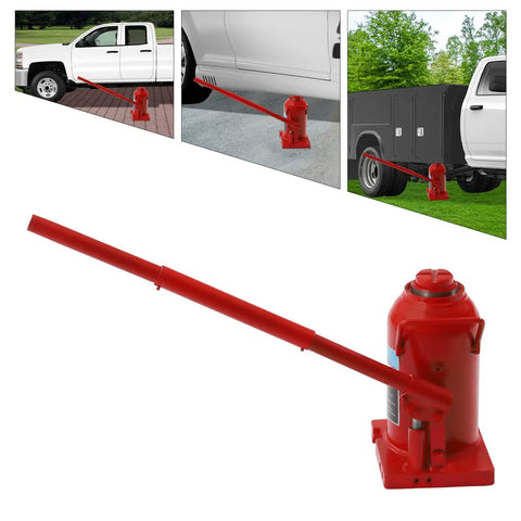 Beefy 30 Ton Hydraulic Bottle Jack Low Profile Stubby Lift Tool shown lifting vehicles, features welded alloy steel construction with enlarged base.