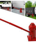 Heavy Duty 30 Ton Hydraulic Bottle Jack For Cars And Pickup Trucks 66000 Pound Alloy Steel Garage Essential Lift Tool With Zero Sweat Pumping and Weather Ready Finish in red color, shown lifting vehicles.
