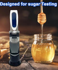 3-In-1 Honey Refractometer for Beekeepers With Brix, Moisture and Baume Readings, Factory Calibrated and Ready Out of the Box, Fast Accurate Measurements, No Guesswork, Portable ATC Kit With Glycerin Calibration to 78.8 Percent. Honey test device beside jar