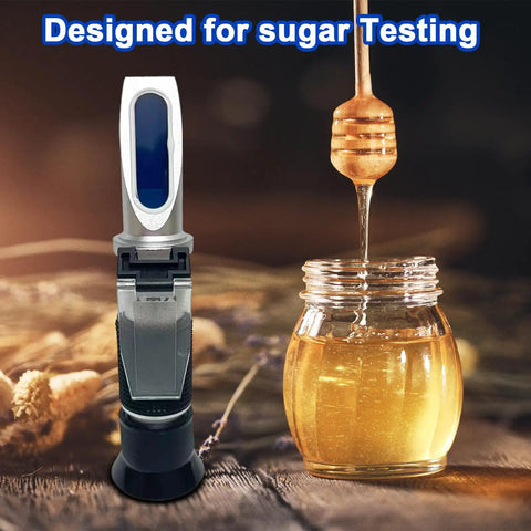 3-In-1 Honey Refractometer for Beekeepers With Brix, Moisture and Baume Readings, Factory Calibrated and Ready Out of the Box, Fast Accurate Measurements, No Guesswork, Portable ATC Kit With Glycerin Calibration to 78.8 Percent. Honey test device beside jar