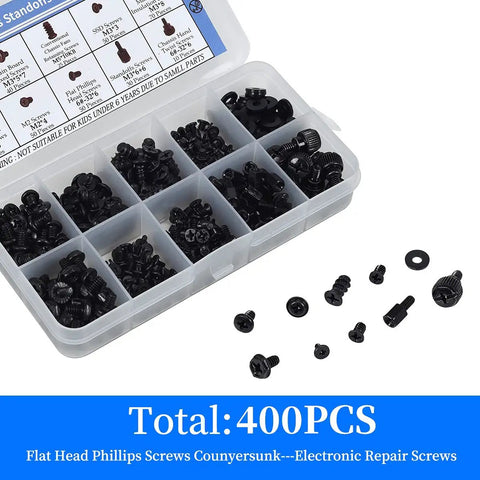 400Pcs Computer Screws And Standoffs Kit For Universal Motherboard HDD SSD Hard Drive Fan Power Supply Graphics Card And PC Case Mounts For DIY PC Build And Repair in transparent compartment box