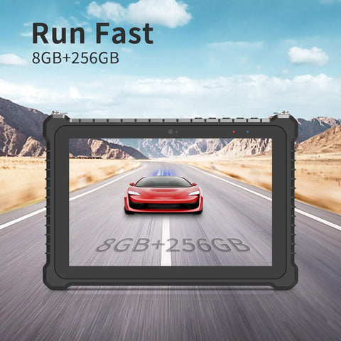 Heavy Duty 10.1 Inch Rugged Tablet Running Windows 11 Pro With Intel Core I5 Chipset showing 8GB RAM and 256GB SSD on a road.