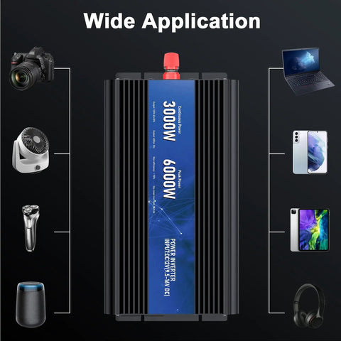 Three Thousand Watt Power Inverter From 12V DC To 110V 120V AC With 6000W Peak LCD Display shown with connected devices