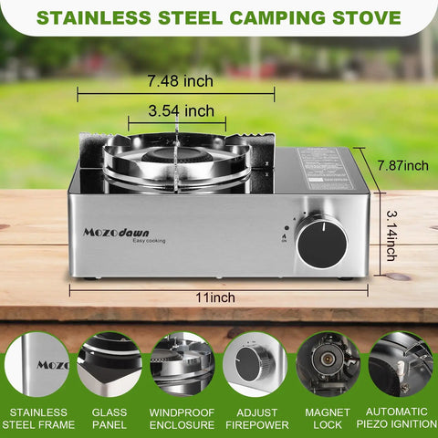 Portable Butane Gas Stove With Wind Guard 12000 BTU Single Burner Camp Stove placed on a wooden surface with size details.