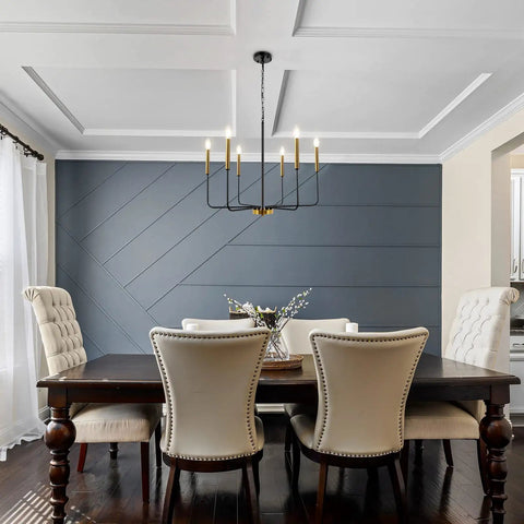 Black And Gold Modern Farmhouse 6 Light Chandelier With Rustic Industrial Metal Design for Dining Room over dark wood table