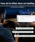 Driver using 11 Inch AI CarPlay Screen With Gemini AI And Google Play Apps And Wireless Android Auto, displaying voice assistant prompts.