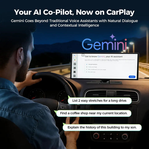 Driver using 11 Inch AI CarPlay Screen With Gemini AI And Google Play Apps And Wireless Android Auto, displaying voice assistant prompts.