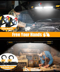 Pro Grade Dual Underhood Work Light With Smart Sensor Control 2400 Lumens LED 4400mAh Rechargeable Magnetic Base And Hooks For Car Repair Garage Workshop And Emergency Lighting in use under car hood and in workshop