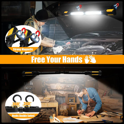 Pro Grade Dual Underhood Work Light With Smart Sensor Control 2400 Lumens LED 4400mAh Rechargeable Magnetic Base And Hooks For Car Repair Garage Workshop And Emergency Lighting in use under car hood and in workshop