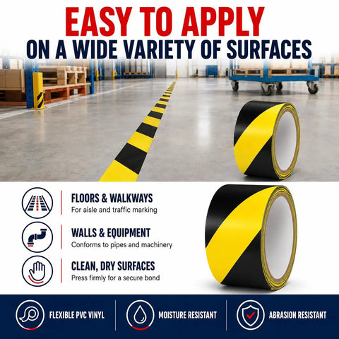 Knockout Black And Yellow Hazard Stripe Tape For Floor Marking Hella Visible Safety Warning Roll for marking floors and walkways.