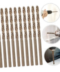 Rock Solid 10 Piece Cobalt High Speed Steel Drill Bit Kit For Stainless Iron Plastic Precision Twisted Design Effortless DIY Drilling And Engineering Projects With Secure Grip And Minimal Wobble, 10 drill bits shown in use