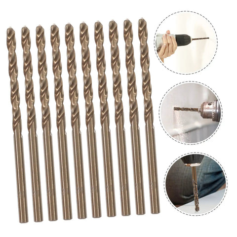 Rock Solid 10 Piece Cobalt High Speed Steel Drill Bit Kit For Stainless Iron Plastic Precision Twisted Design Effortless DIY Drilling And Engineering Projects With Secure Grip And Minimal Wobble, 10 drill bits shown in use