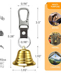 Image showing a brass bear bell with carabiner clip, dimensions labeled, part of the 120dB Bear Bell With Electronic Air Horn Dual Bear Deterrent System.