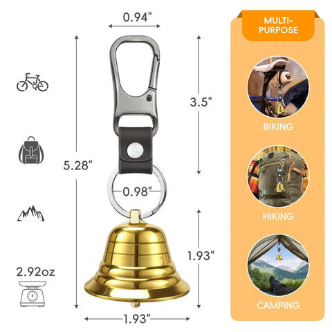 Image showing a brass bear bell with carabiner clip, dimensions labeled, part of the 120dB Bear Bell With Electronic Air Horn Dual Bear Deterrent System.