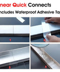 Heavy Duty Trench Drainage System Kit With Stainless Steel Grate For Outdoor Pathways Lawn And Courtyard French Drain Style Drainage installation steps showing waterproof tape application and water flow demonstration on stainless surface.
