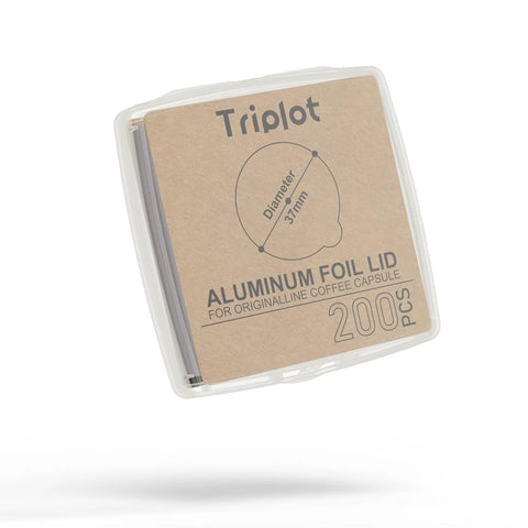 Product packaging of Aluminum Lids For Reusable Nespresso Original Line Capsules 200 Pack with size details.