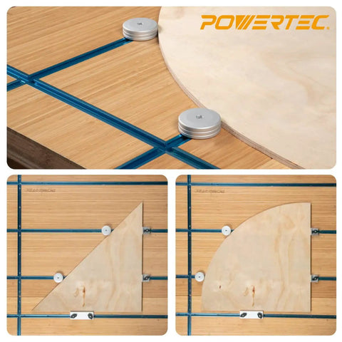Round T Track Stop 2 Pack Pro Grade For Oval Circular And Angular Woodworking Pieces Lock In Place Clamping System in use.