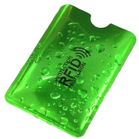 Green waterproof RFID blocking sleeve from RFID Blocking Sleeves Set With 16 Pieces 10 Credit Card Holders And 4 Passport Protectors Identity Theft Protection Waterproof Aluminum Foil Shield Slim Wallet Friendly Design For Easy Carry And Quick Access.