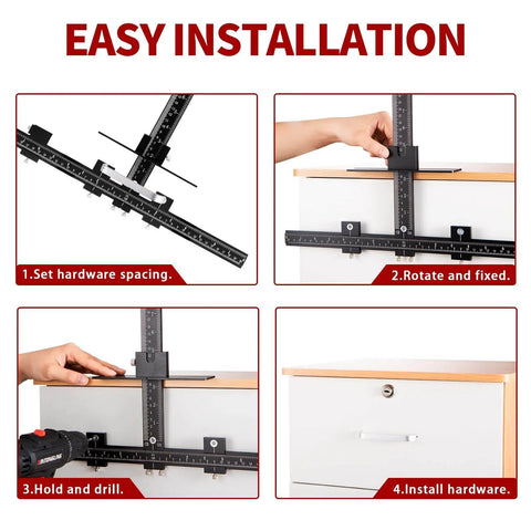All Aluminum Cabinet Hardware Jig Kit For Precision Pro Grade Fast Installations shown in step-by-step installation guide