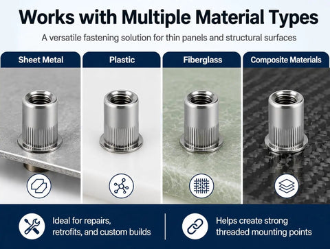 304 Stainless Steel M6 Rivet Nuts And Button Head Bolts 1 Inch Go To Marine Automotive And Outdoor Projects With Washers Rust Proof And Corrosion Resistant Heavy Duty Hardware on sheet metal, plastic, fiberglass, and composite materials
