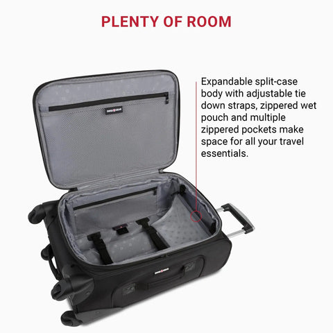 Softside Expandable Spinner Luggage For Travel Durable Lightweight Carry On Suitcase 21 Inch Black interior view, open with pockets.
