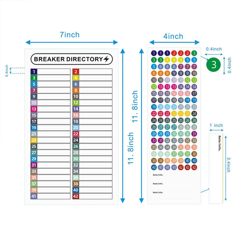 16 Sheets Breaker Panel Labels Set For Electrical Box And Load Center, Number Stickers For Circuit Breaker Catalog shown with dimensions