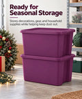 Top Shelf 18 Gallon Storage Bin With No Sweat Snap On Lid stacked in a garage, showcasing hella spacious magenta design.