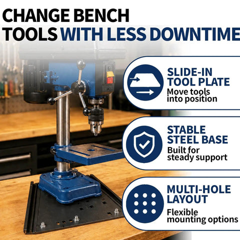 Quick Release Bench Plate Kit For Lee Precision Reloading Press with stable steel base and slide-in tool plate design.
