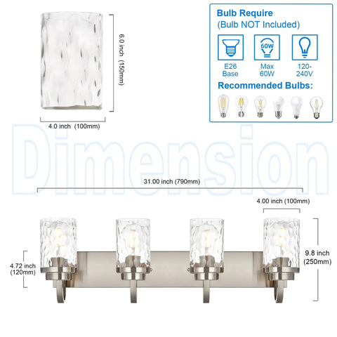 Dimensions of Dope 31 Inch Brushed Nickel Vanity Light Fixture With Hammered Glass Shade, Modern Gooseneck Wall Mount For Bathroom