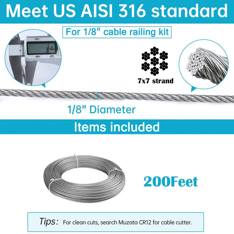 Beefy 200 Ft One Eighth Inch Stainless Steel Cable Railing Kit With T316 Wire Rope Seven By Seven Strands And 1800 Pound Breaking Strength For Indoor Outdoor Deck Coastal Ready; features wire coil and diagram showing 7x7 strands.